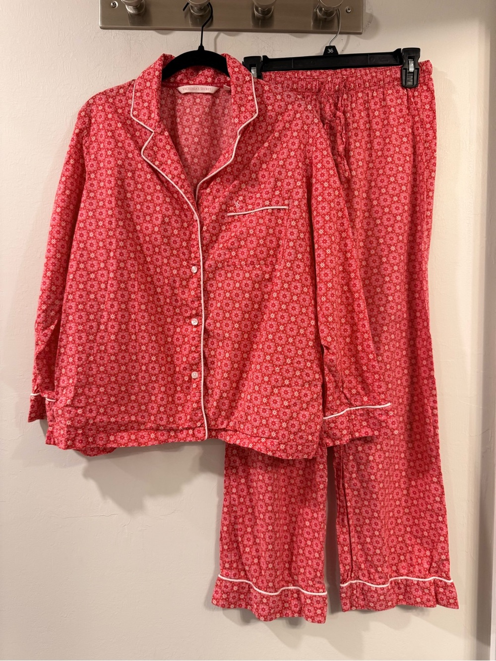 Women's Red Christmas Holiday Pajama Set White Piping